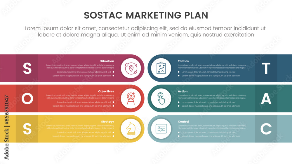SOSTAC marketing planning model infographic with round rectangle box opposite direction with 6 step points for slide presentation SOSTAC marketing planning model infographic with round rectangle box opposite direction with 6 step points for slide presentation