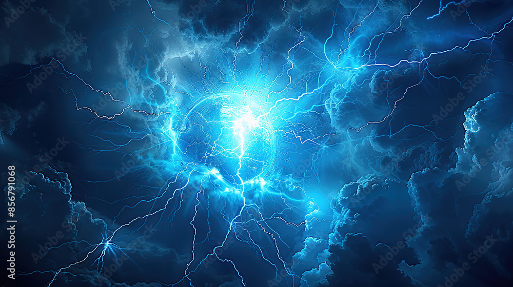A dark blue lightning storm with a glowing sphere of light in the center A dark blue lightning storm with a glowing sphere of light in the center