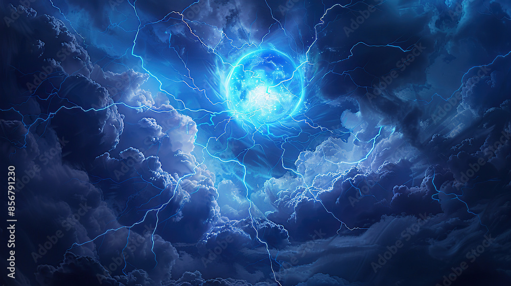 A dark blue lightning storm with a glowing sphere of light in the center A dark blue lightning storm with a glowing sphere of light in the center