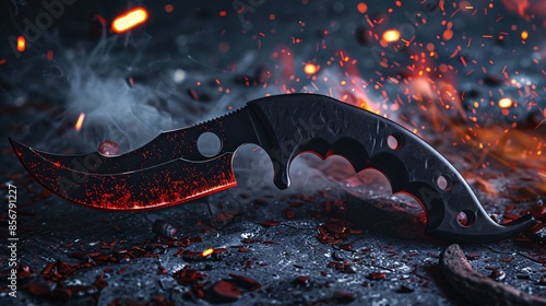 Photorealistic macro close-up of a karambit knife, highlighting its carbon black handle and black blade with a red edge, set against a backdrop of fire sparks on a dark background. photo