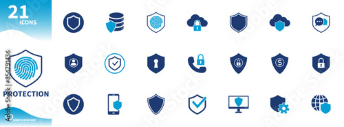 Icon of protection and security. Set of shield, fingerprint, lock, database, cloud, phone, computer icons