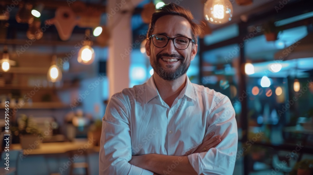 Business man, arms crossed and smiling face with creative worker and confident from admin consultant job. Happy, professional and portrait with entrepreneur employee for startup career at night Business man, arms crossed and smiling face with creative worker and confident from admin consultant job. Happy, professional and portrait with entrepreneur employee for startup career at night