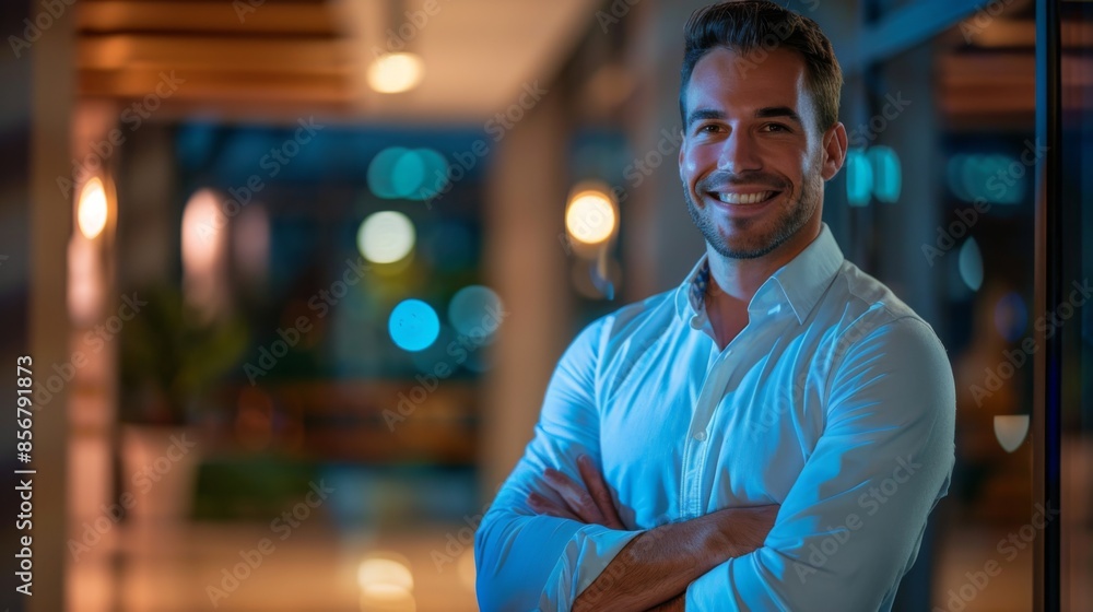 Fototapeta premium Business man, arms crossed and smiling face with creative worker and confident from admin consultant job. Happy, professional and portrait with entrepreneur employee for startup career at night