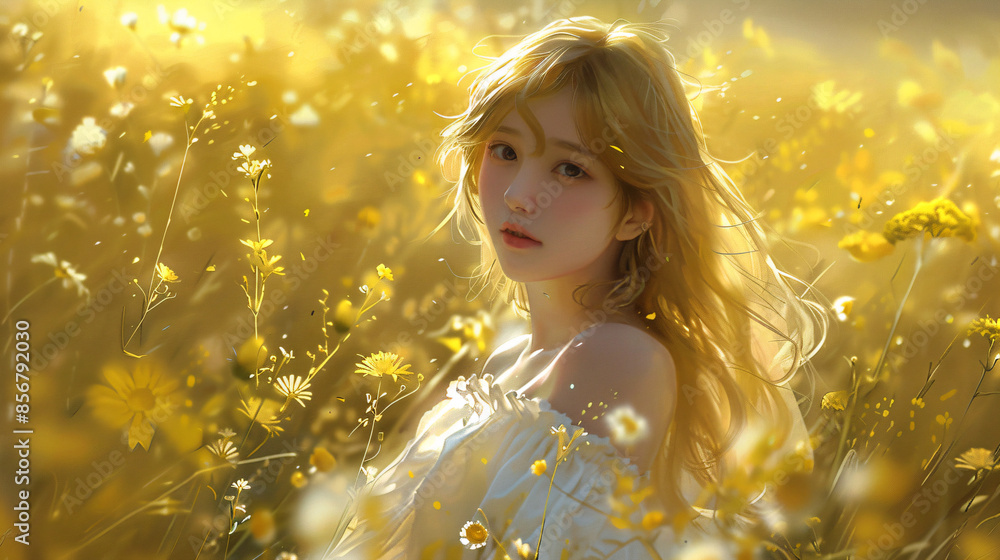 Blonde Woman in a Field of Yellow Flowers. Blonde Woman in a Field of Yellow Flowers.