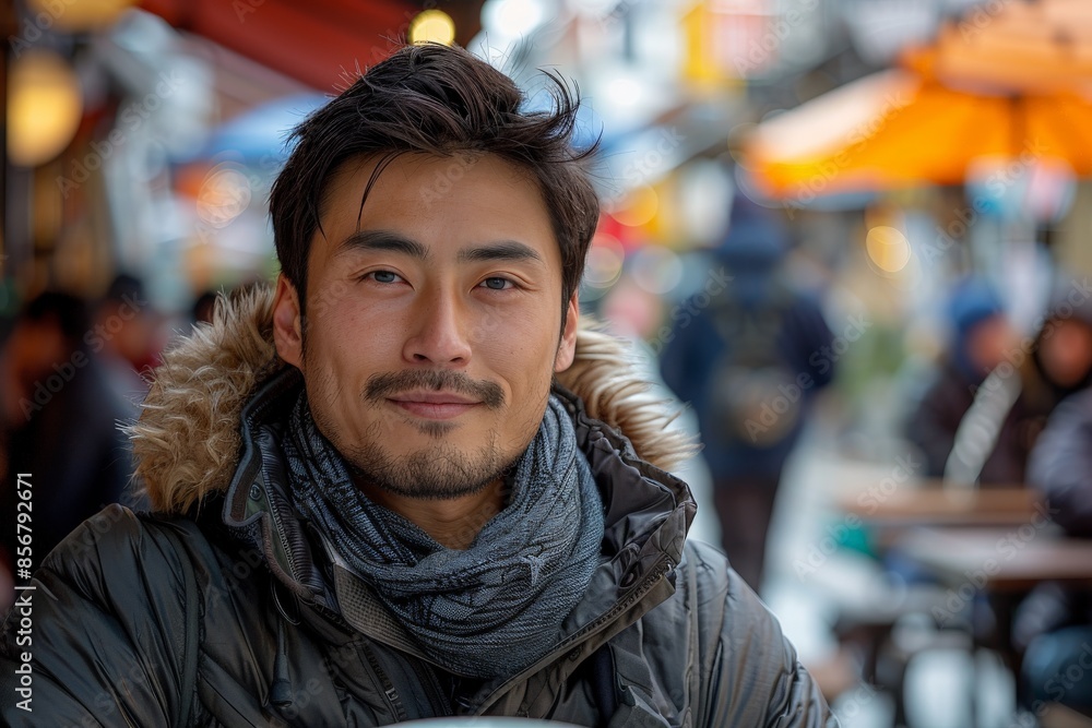 Cheerful man enjoying time at an outdoor cafe, warmly dressed, with an inviting and welcoming expression Cheerful man enjoying time at an outdoor cafe, warmly dressed, with an inviting and welcoming expression