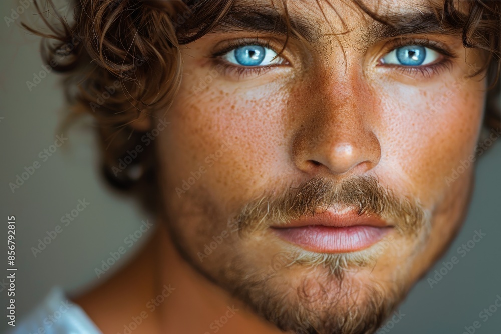 Fototapeta premium Detailed close-up of a man's face showing deep blue eyes and a contemplative expression with natural tones