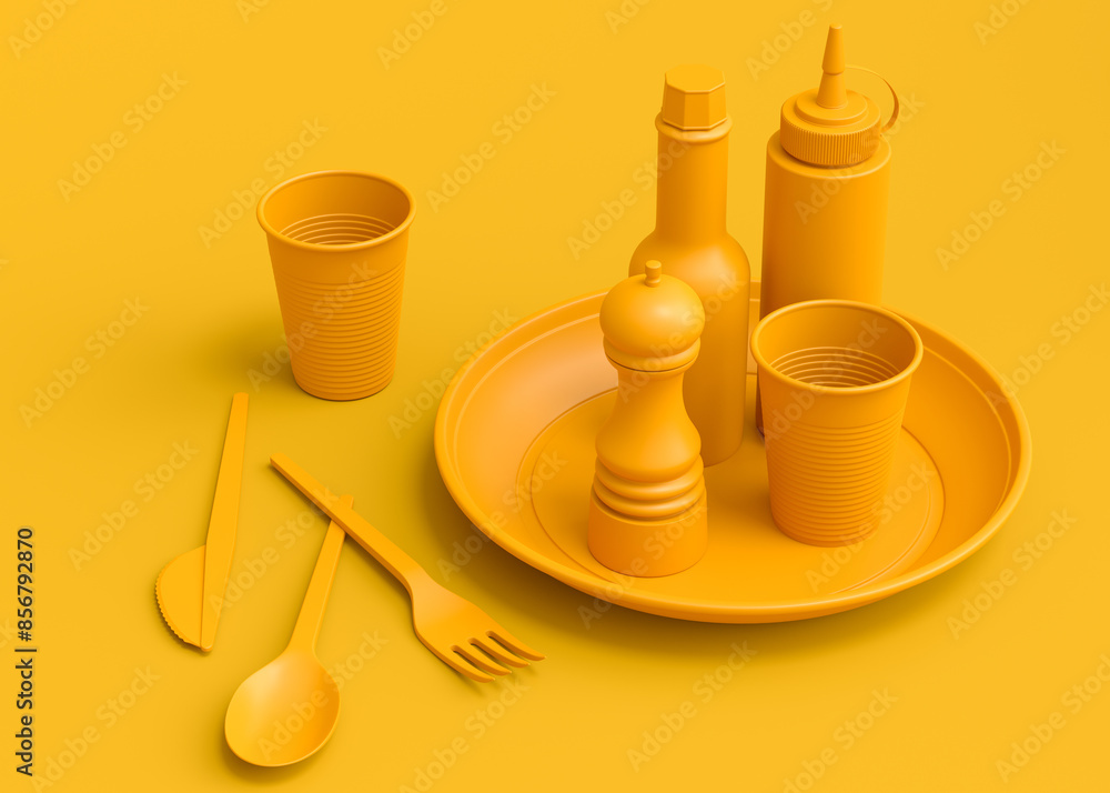 Set of disposable utensils like plate, folk, spoon,knife, cup and pepper mill Set of disposable utensils like plate, folk, spoon,knife, cup and pepper mill