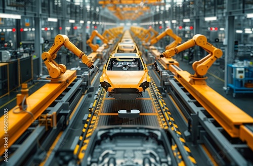 High-tech automotive production line with robotic arms assembling cars in a modern factory © Georgii
