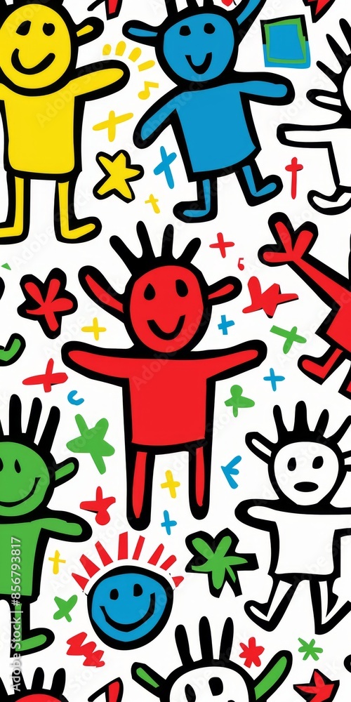 Fototapeta premium A vibrant and cheerful illustration featuring a diverse group of stick figures with happy faces, surrounded by colorful stars and crosses