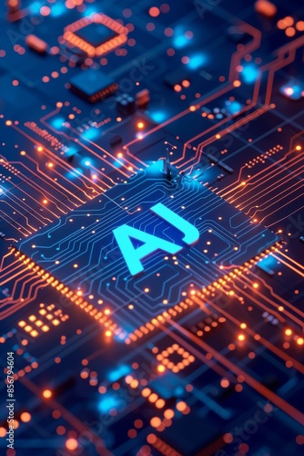 Wallpaper Mural Futuristic AI circuitry board glowing with vibrant blue and orange lights Torontodigital.ca