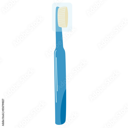Toothbrush with plastic case on bristles. Tooth brush for cleaning mouth. Dental health care, water treatments. Oral hygiene tools accessory. Flat isolated vector illustration on white background