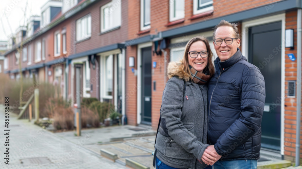 Mature Couple Embracing Near Row Houses Mature Couple Embracing Near Row Houses
