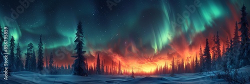 Northern Lights Shimmering Over a Snowy Forest © Nice Seven