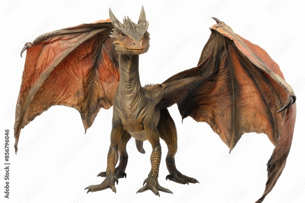 Fototapeta premium Close-up of a textured, brown and gold dragon with wings extended, ready for flight. Eyes locked on viewer, hinting at anticipation