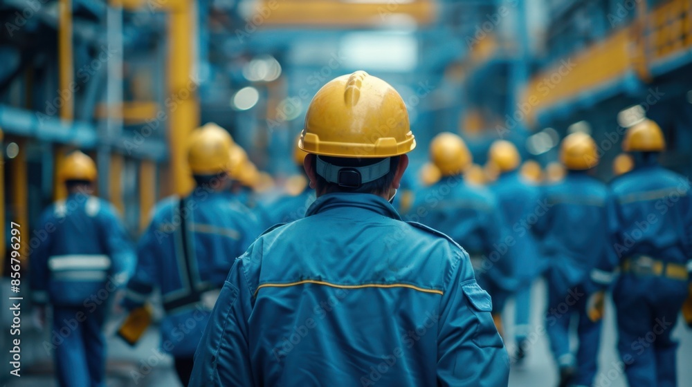 A close-up captures a line of workers in hard hats and protective gear, walking in unison. Emphasizing safety, their synchronized steps symbolize teamwork in an industrial environment.
A close-up captures a line of workers in hard hats and protective gear, walking in unison. Emphasizing safety, their synchronized steps symbolize teamwork in an industrial environment.