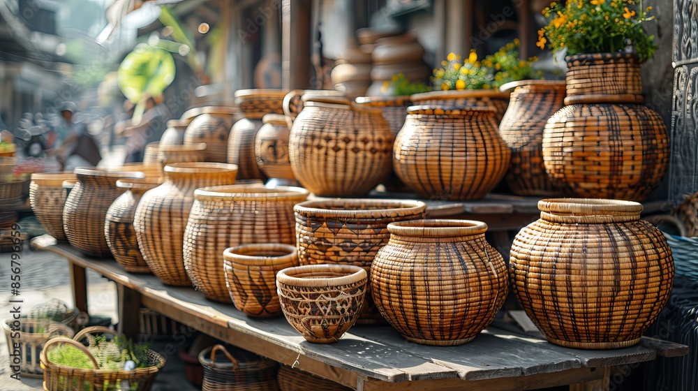 Fototapeta premium Handcrafted wicker baskets display at outdoor market