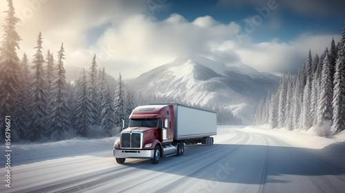 Truck driving through a snowy mountain road with a forest backdrop, symbolizing winter transportation and logistics. Concept of trucking, winter, and industry. 