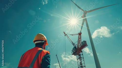 Photograph depicting the construction of a tall wind turbine tower with multiple cranes and workers actively assembling the components photo