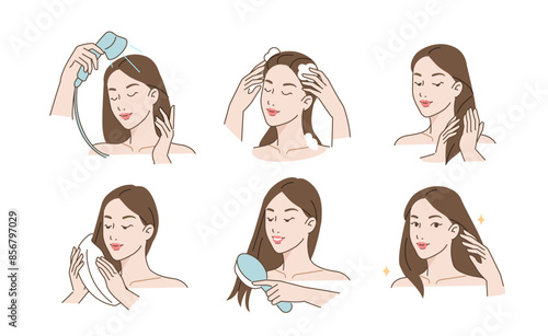 Haircare set. Collection of girl washing, drying with towel and brushing her hair with comb. Beauty and hygiene concept. Vector illustration.