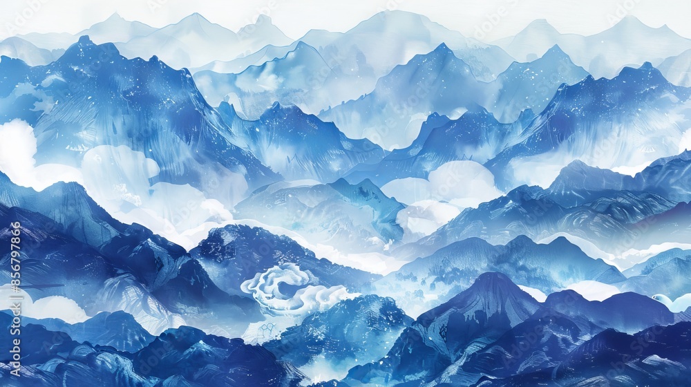 An abstract art landscape featuring mountains and sea with clouds with blue watercolor texture in a vintage style. An abstract art landscape featuring mountains and sea with clouds with blue watercolor texture in a vintage style.