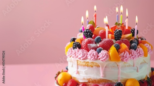 beautifully decorated cake with vibrant fruit. birth day cake.