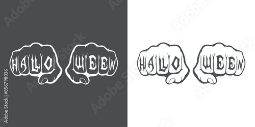 Tatuaje palabra Halloween en dedos de puños cerrados tarjetas y felicitaciones