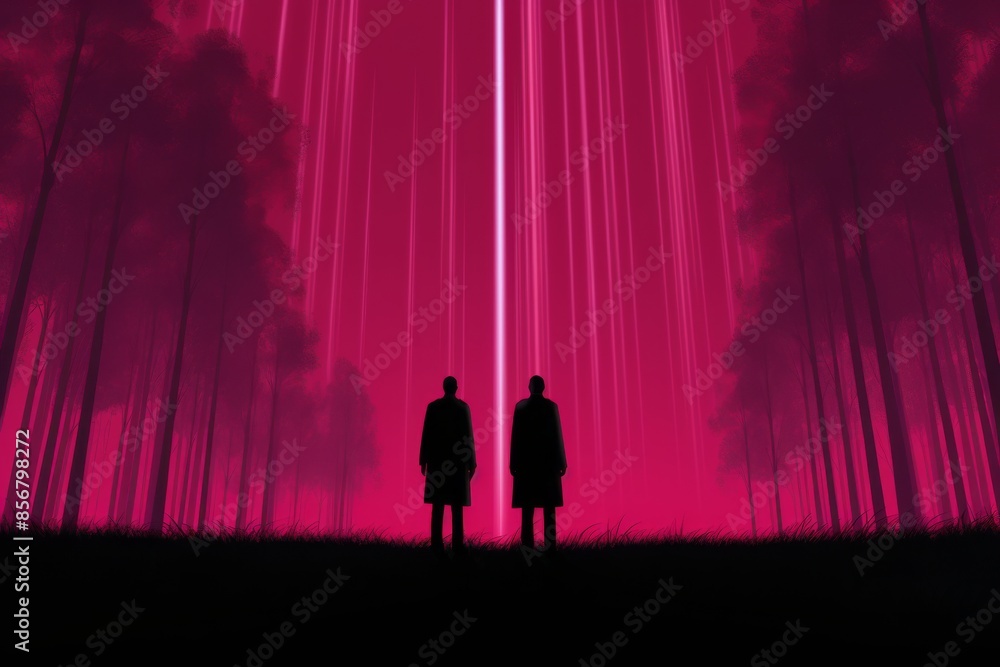 Two men stand in a forest, one of them is holding a gun Two men stand in a forest, one of them is holding a gun