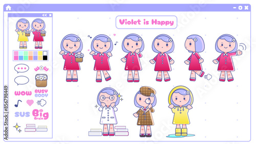 illustration set of a cute, cheerful girl- Violet