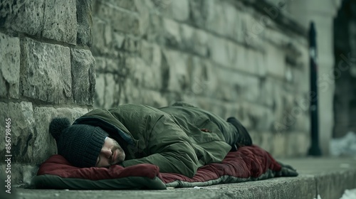 Homeless Man Sleeping Outdoors on a Cold Street. Person Resting on Sidewalk with Warm Clothing and Blanket