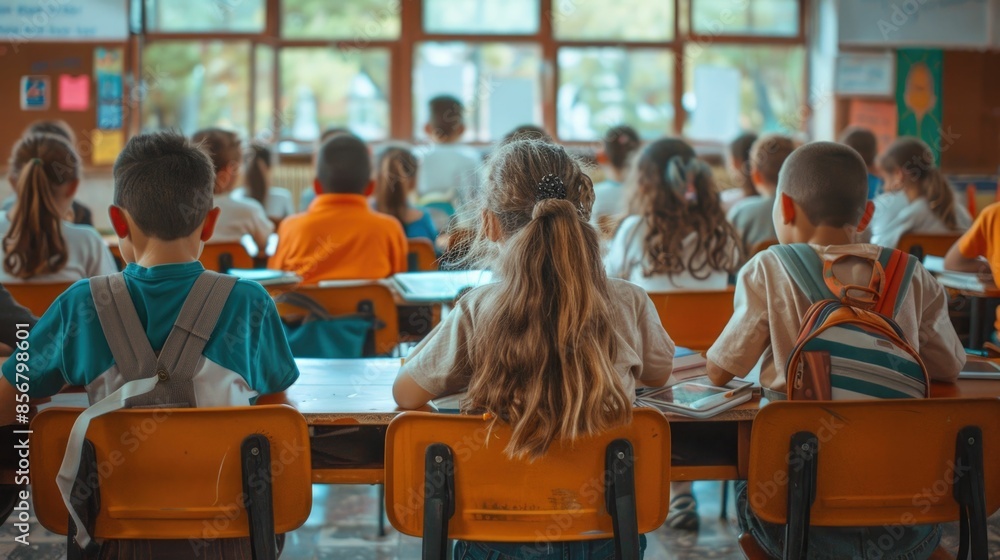 A classroom filled with students sitting at desks surrounded by new school supplies eagerly anticipating the start of a brand new academic year and the learning opportunities that lie ahead A classroom filled with students sitting at desks surrounded by new school supplies eagerly anticipating the start of a brand new academic year and the learning opportunities that lie ahead
