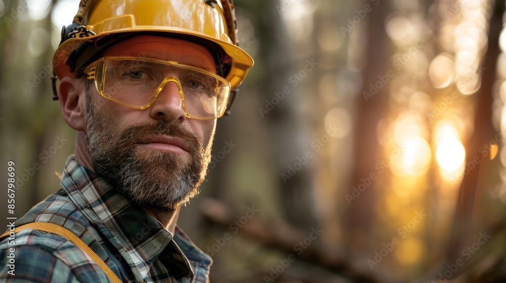 An outdoor setting with natural lighting and a bearded construction worker wearing a hard hat and safety glasses. Construction and labor concept for a poster or print. An outdoor setting with natural lighting and a bearded construction worker wearing a hard hat and safety glasses. Construction and labor concept for a poster or print.