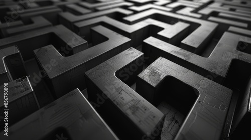 A close-up photograph of a concrete labyrinth with a low angle perspective. The intricate pattern of interlocking walls creates a sense of depth and complexity