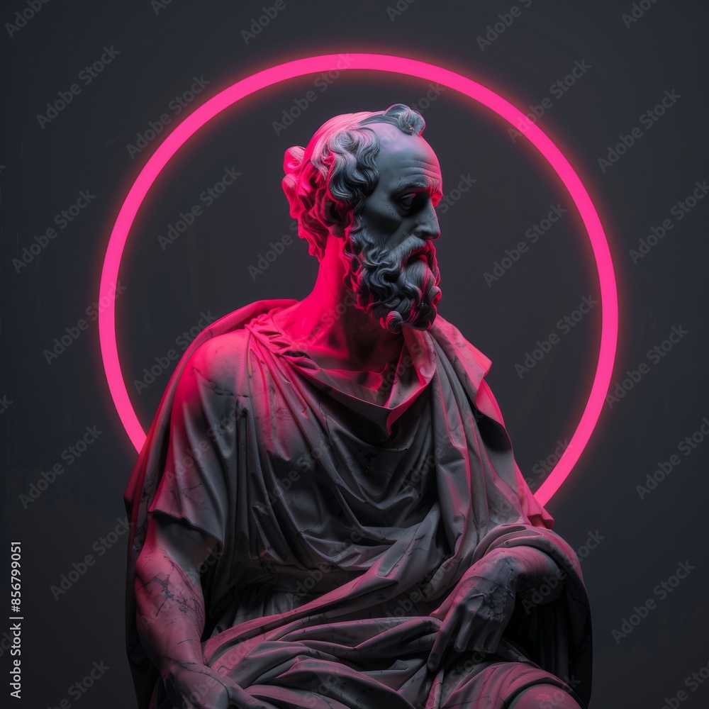 Neon-Lit Classical Marble Statue Against Dark Modern Background with Circular Halo Neon-Lit Classical Marble Statue Against Dark Modern Background with Circular Halo