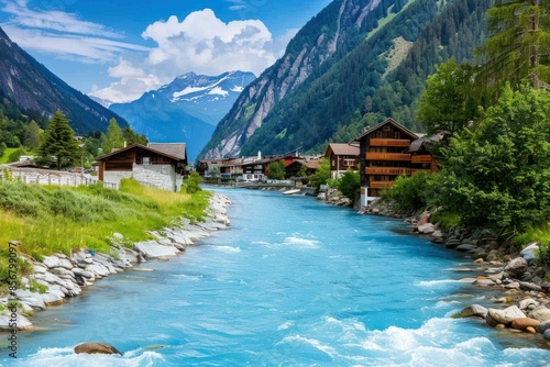 Idyllic Alpine Village by Turquoise River