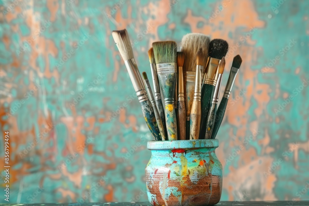 Artistic Inspiration: Brushes in a Paint-Splattered Pot