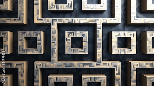 An abstract image of a geometric pattern of squares and rectangles, with a gold and silver finish