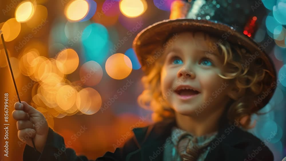A young child is holding a wand and smiling. The image has a festive and playful mood, as the child is dressed in a costume and he is enjoying a magical moment
