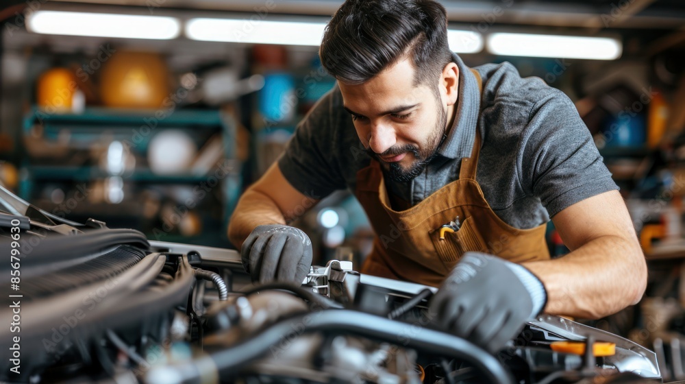 Mechanic Working on Car Engine Mechanic Working on Car Engine