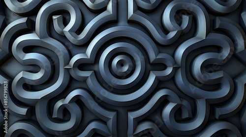 A close-up shot of an intricate metal sculpture with a repeating pattern of curved lines, creating a mesmerizing maze-like effect