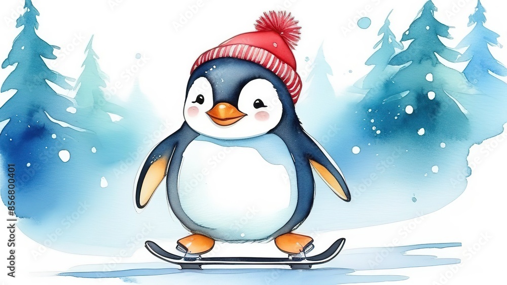 Fototapeta premium Funny Penguin in a red hat on a skateboard. Watercolor chubby and adorable penguin rides a pinneyboard. Funny card with a penguin for Christmas or New Year