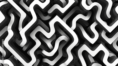 A close-up shot of a digital 3D maze made of black and white lines, creating a complex and mesmerizing pattern