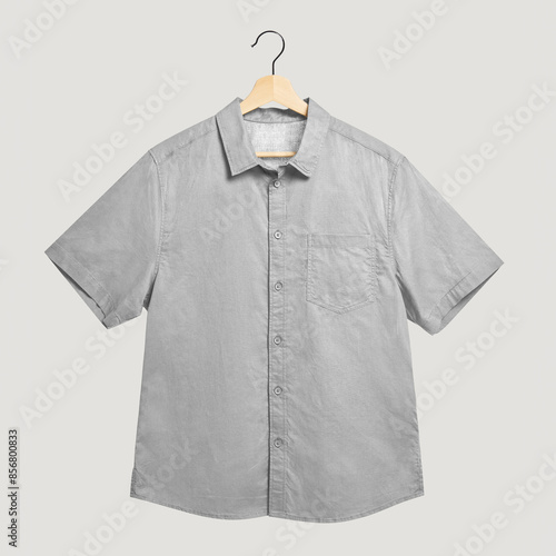 PNG gray shirt mockup on a wooden hanger