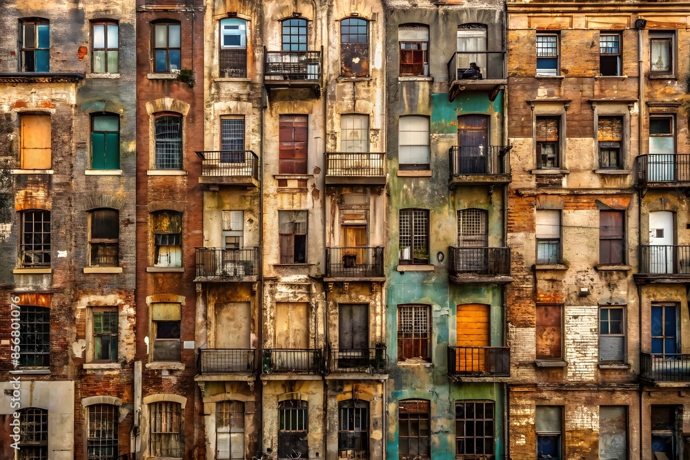 A rundown, abandoned apartment building with broken windows and boarded up doors. A rundown, abandoned apartment building with broken windows and boarded up doors.
