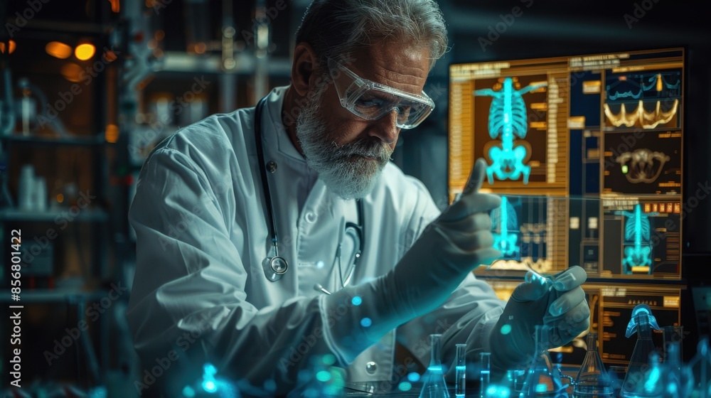 Draped in a lab coat, a researcher meticulously operates advanced medical imaging technology. Behind them, holographic skeletal images project, enhancing the futuristic and scientific setting.
Draped in a lab coat, a researcher meticulously operates advanced medical imaging technology. Behind them, holographic skeletal images project, enhancing the futuristic and scientific setting.