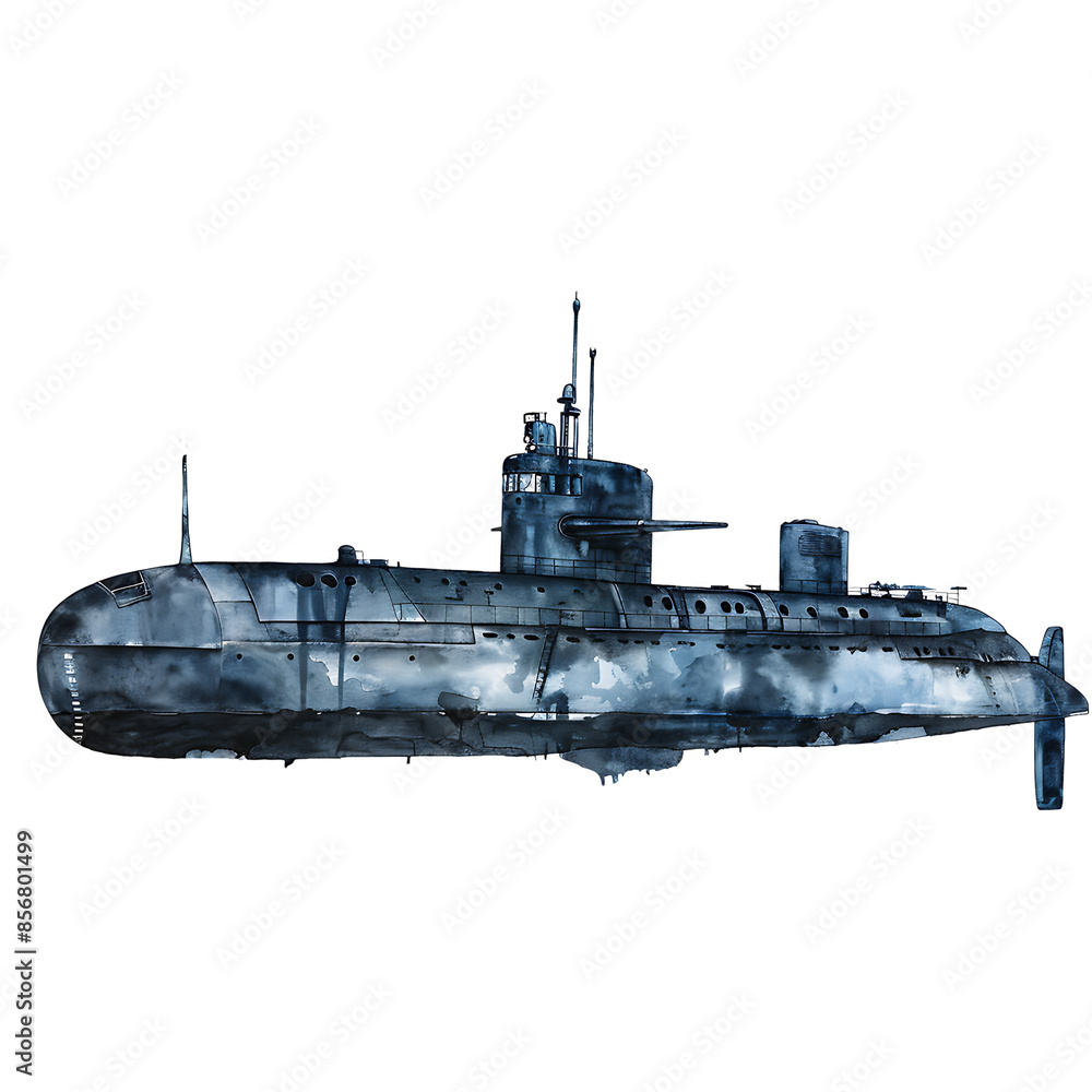 Fototapeta premium Submarine Old Military Vehicles and Equipment, on transparent background. 
