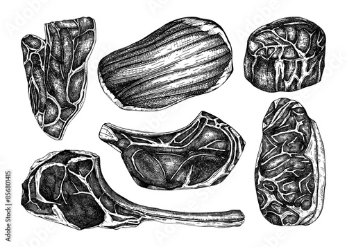 Raw meat sketches set. Hand drawn food illustrations. Vector drawings of filet mignon, rib eye, striploin, flank, tamahawk steaks. Steak house menu design elements