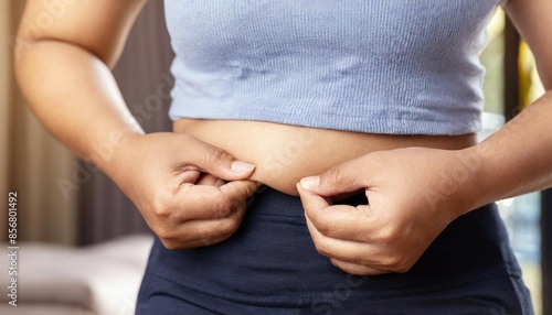 Woman body fat belly. Obese woman hands holding excessive tummy fat. Change diet lifestyle