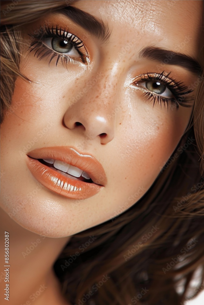 A woman with long lashes and a bright orange lip color A woman with long lashes and a bright orange lip color