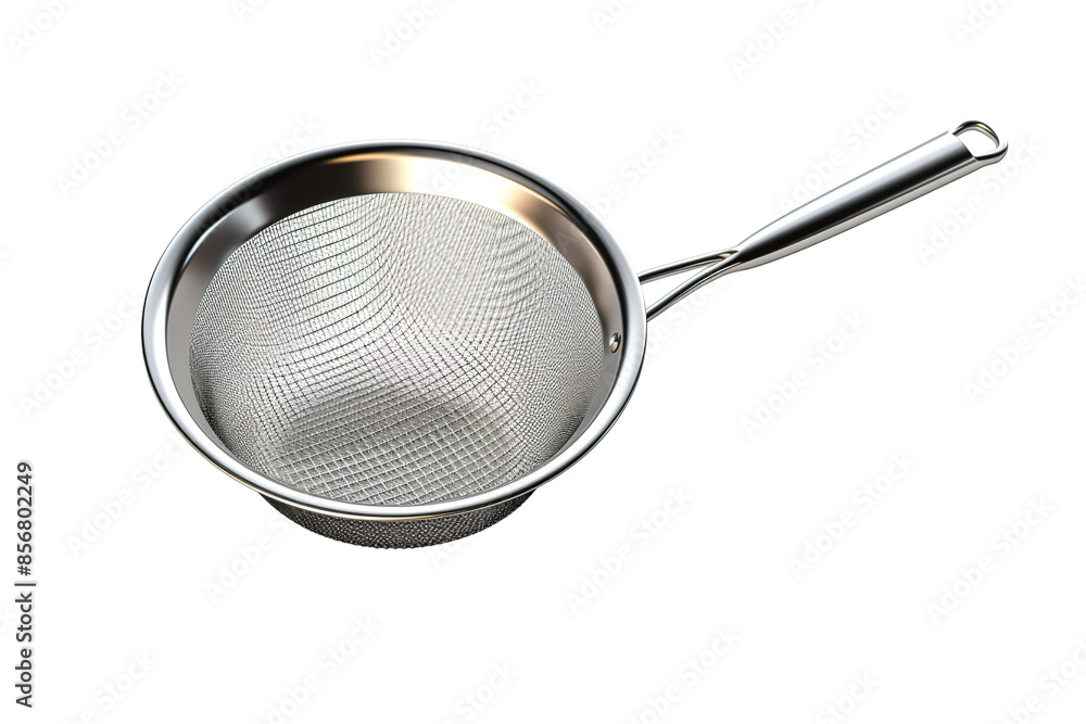 A Gleaming Stainless Steel Strainer With A Fine Mesh on a Clear PNG or White Background. A Gleaming Stainless Steel Strainer With A Fine Mesh on a Clear PNG or White Background.
