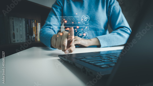 AI technology, Artificial Intelligence, Chatbot Chat and talk with AI, Using laptop for search and find data by command prompt, robot learning machine create or generate picture or article auto